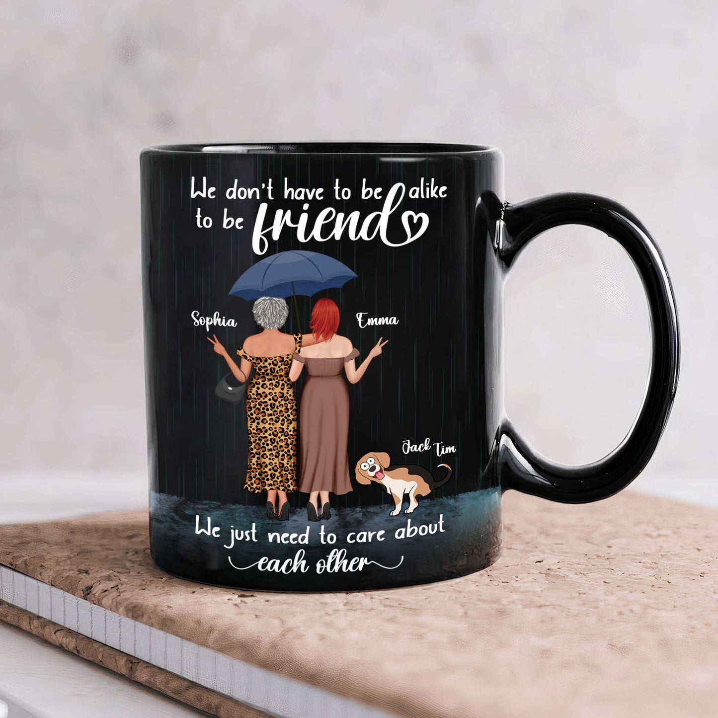365Gifty black ceramic mug with two friends under an umbrella a dog and the quote we just need to care about each other mug