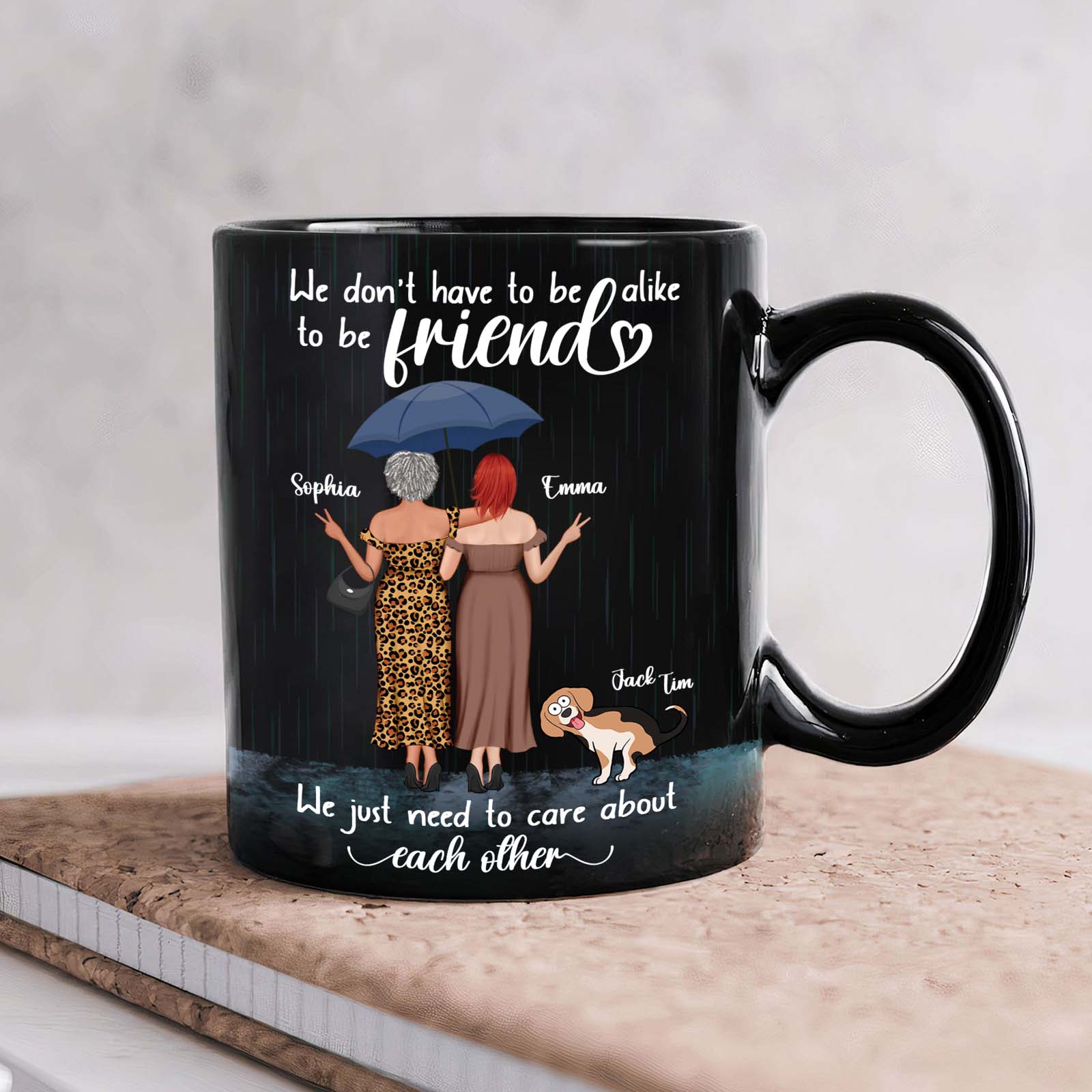 365Gifty black ceramic mug with two friends under an umbrella a dog and the quote we just need to care about each other mug