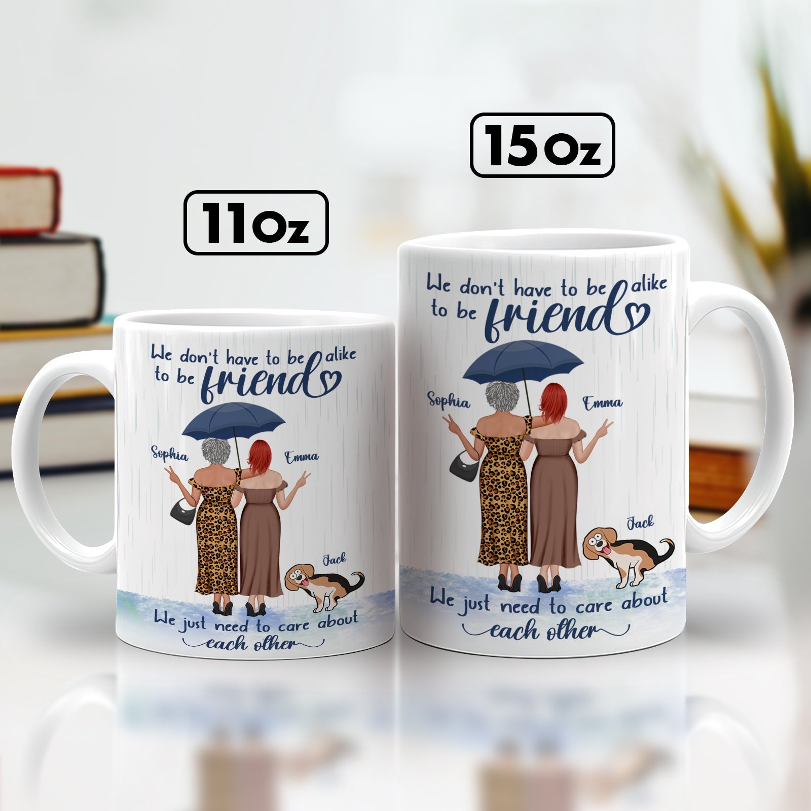 365Gifty we just need to care about each other mug showing two friends under umbrella with dog in 11oz and 15oz