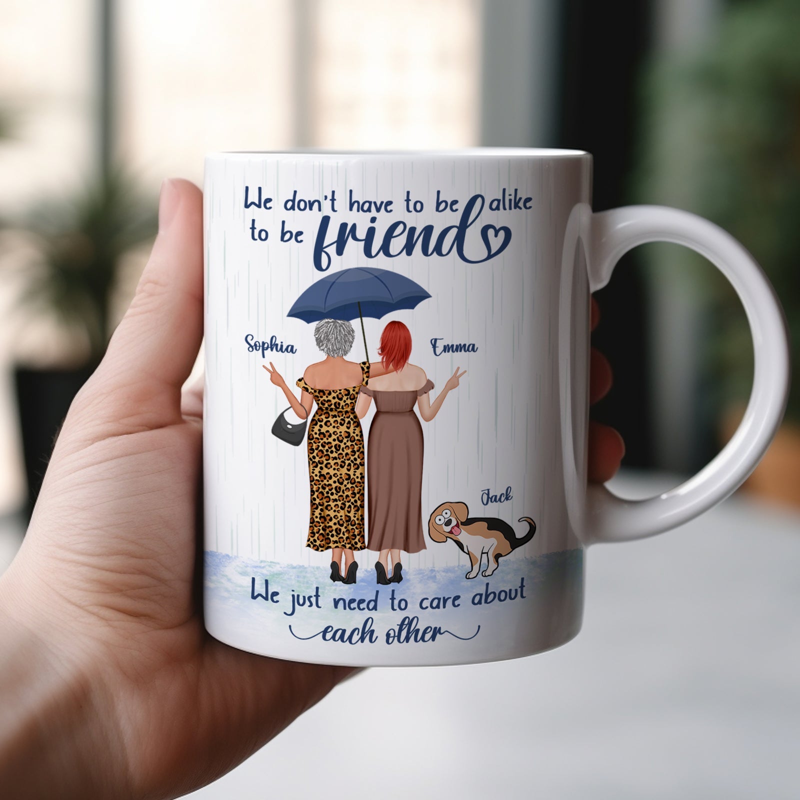 365Gifty white ceramic we just need to care about each other mug featuring two friends illustration umbrella and dog
