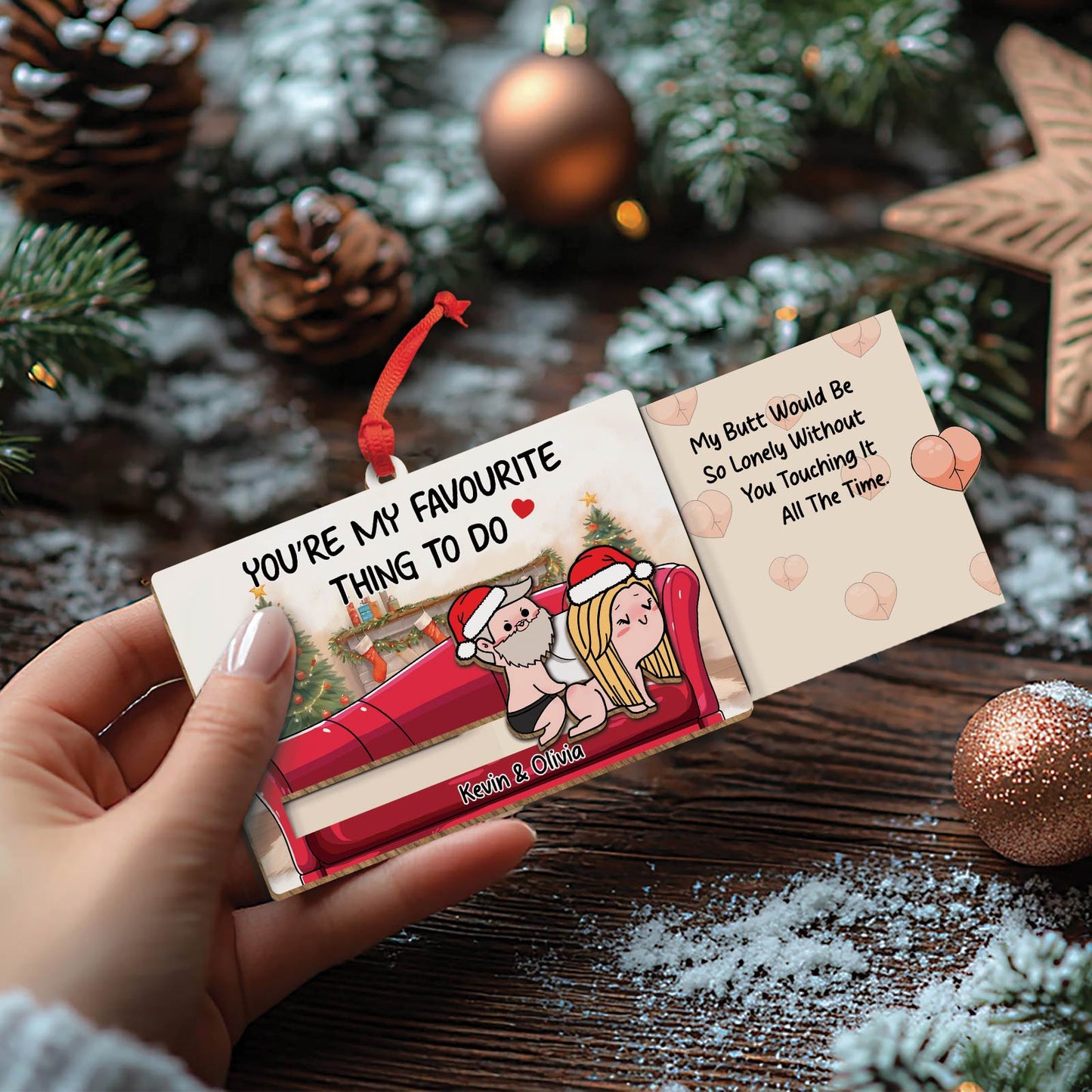 365Gifty personalized couple ornament with cartoon couple and romantic message on Christmas tree background