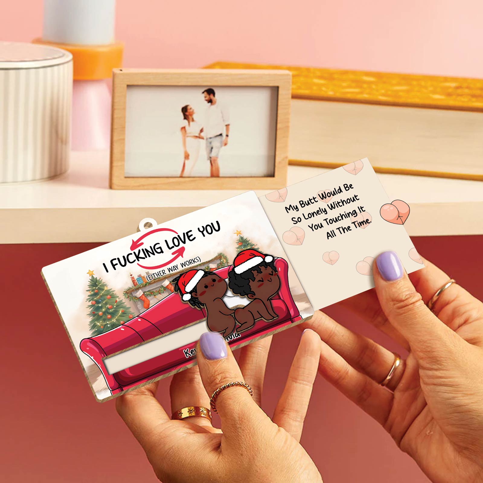 Personalized couple ornament with cartoon dogs on couch and funny holiday message by 365Gifty
