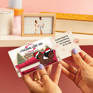 Personalized couple ornament with cartoon dogs on couch and funny holiday message by 365Gifty