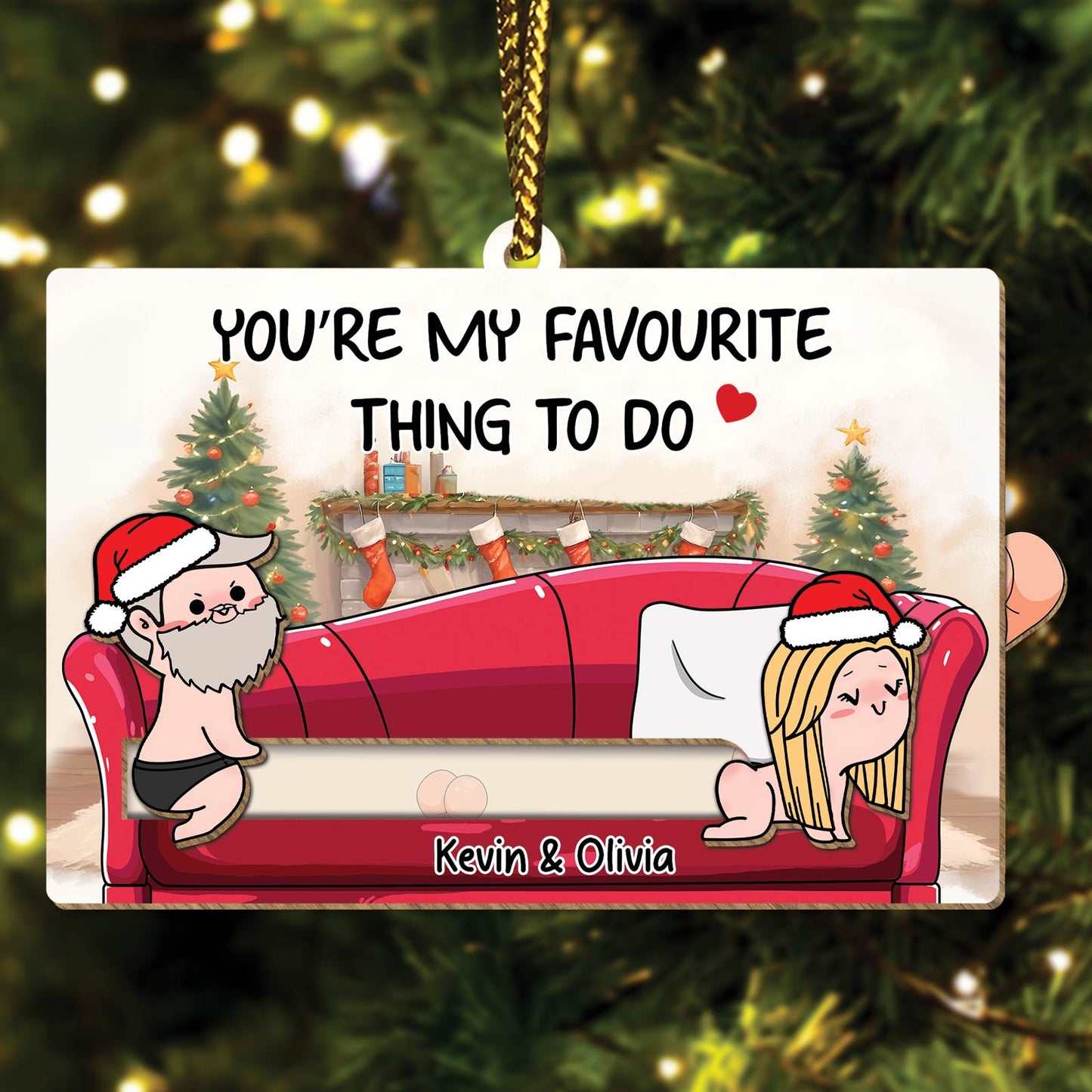 365Gifty personalized couple ornament with cartoon couple on red couch and festive Christmas background