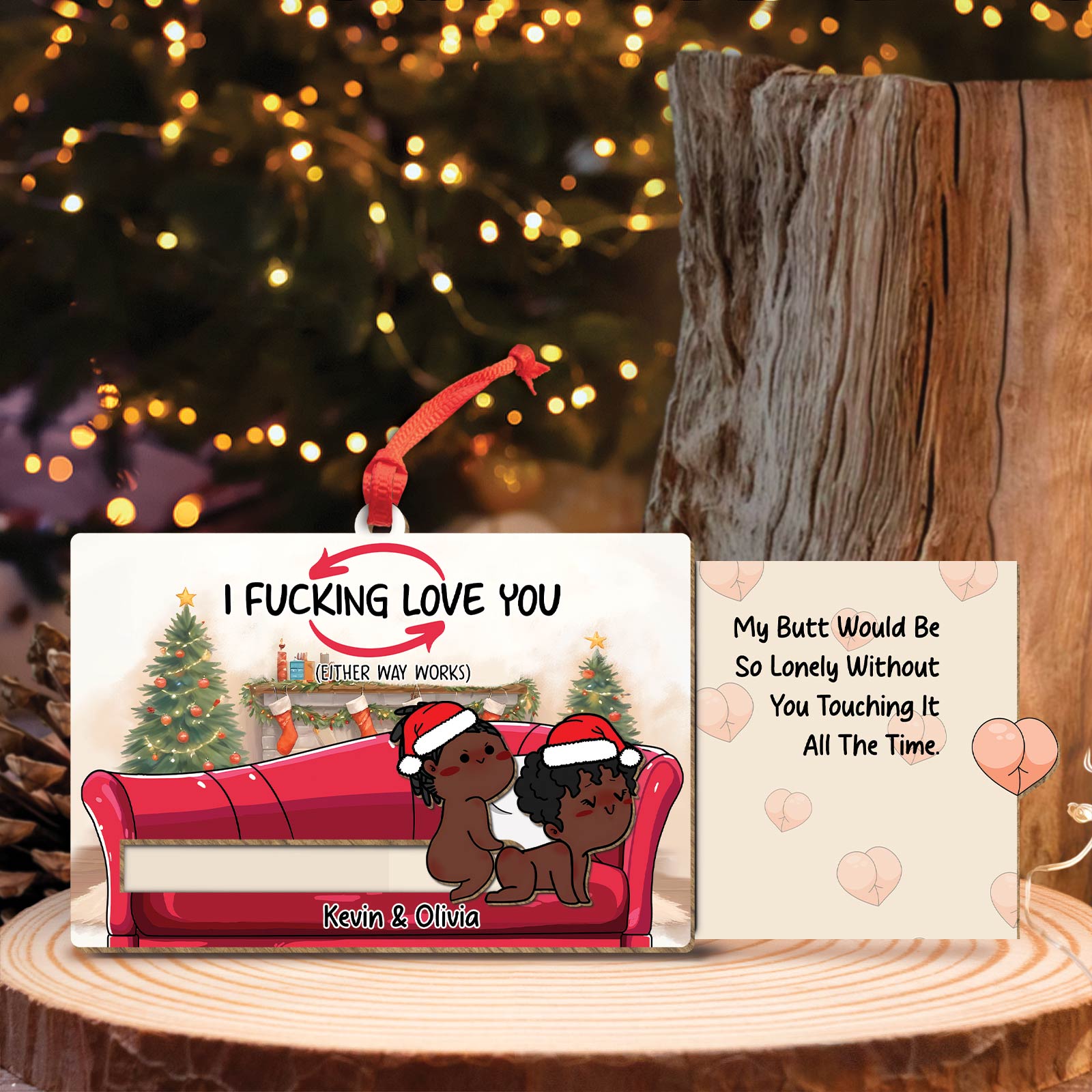 365Gifty personalized couple ornament with romantic cartoon couple on couch and holiday background