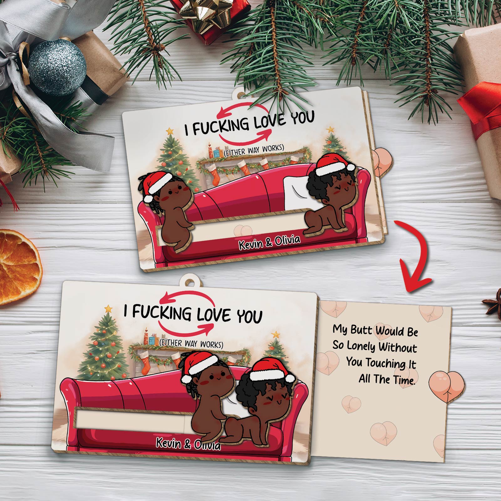 365Gifty personalized couple ornament featuring a humorous Christmas design with two cartoon characters on a red couch and custom names