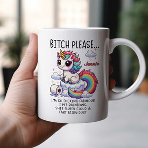 Funny bestie gift custom mug featuring a whimsical unicorn and humorous text