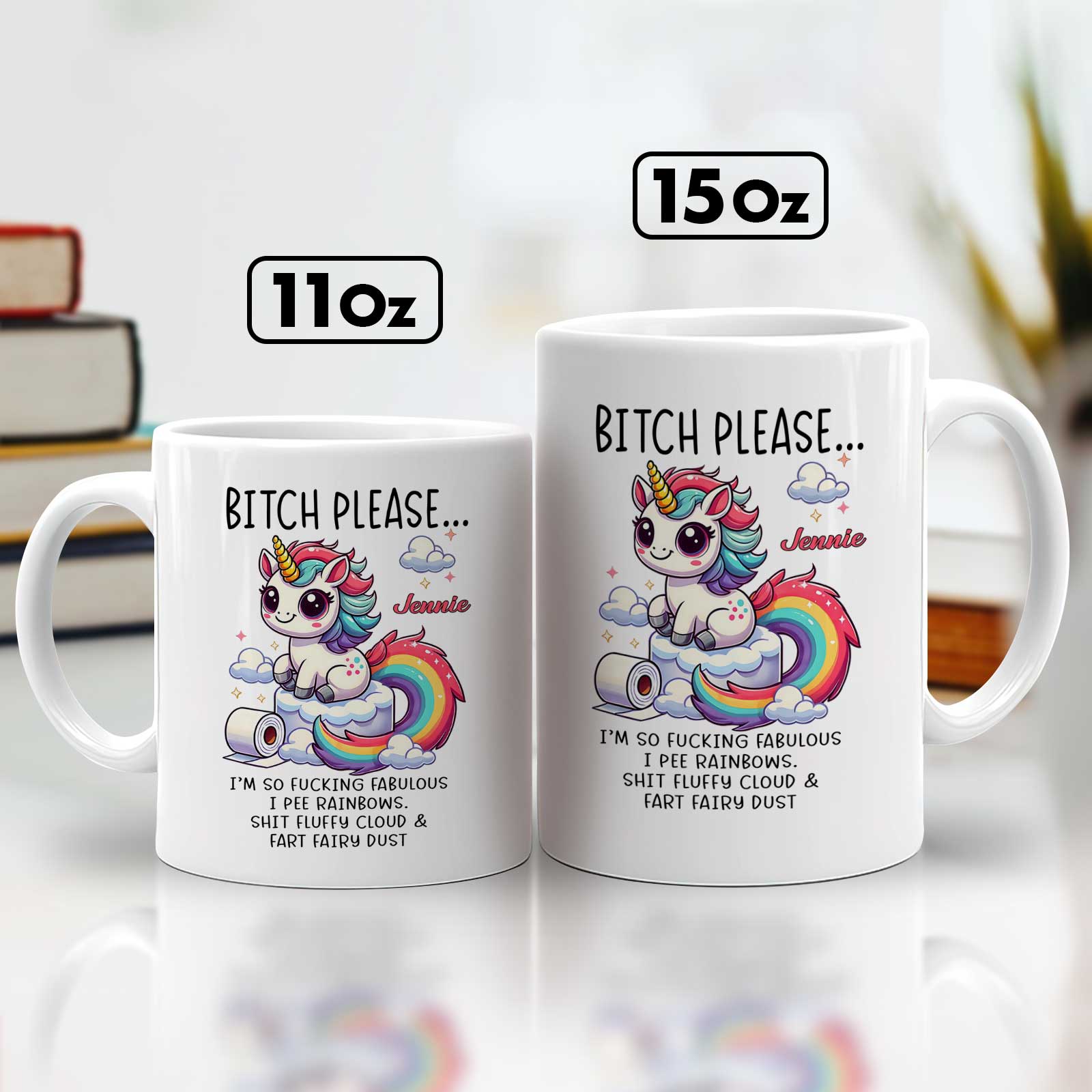 Funny bestie gift custom mug featuring a colorful unicorn and humorous text for friends