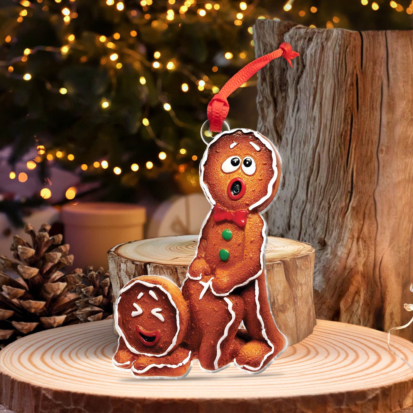 365Gifty funny Christmas ornament featuring a surprised gingerbread man with a detached head on wooden display