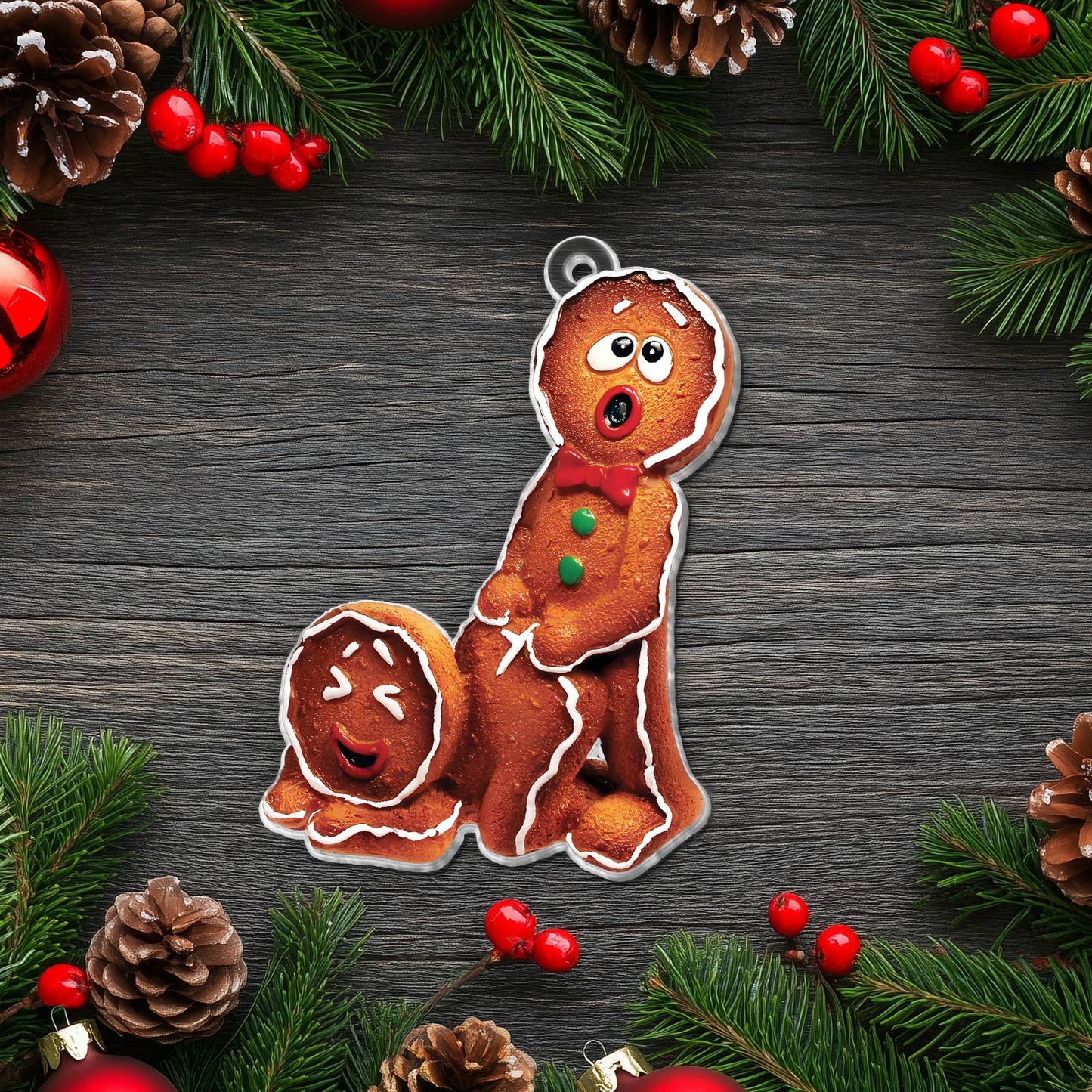 365Gifty funny Christmas ornament featuring a humorous gingerbread couple on rustic wooden background