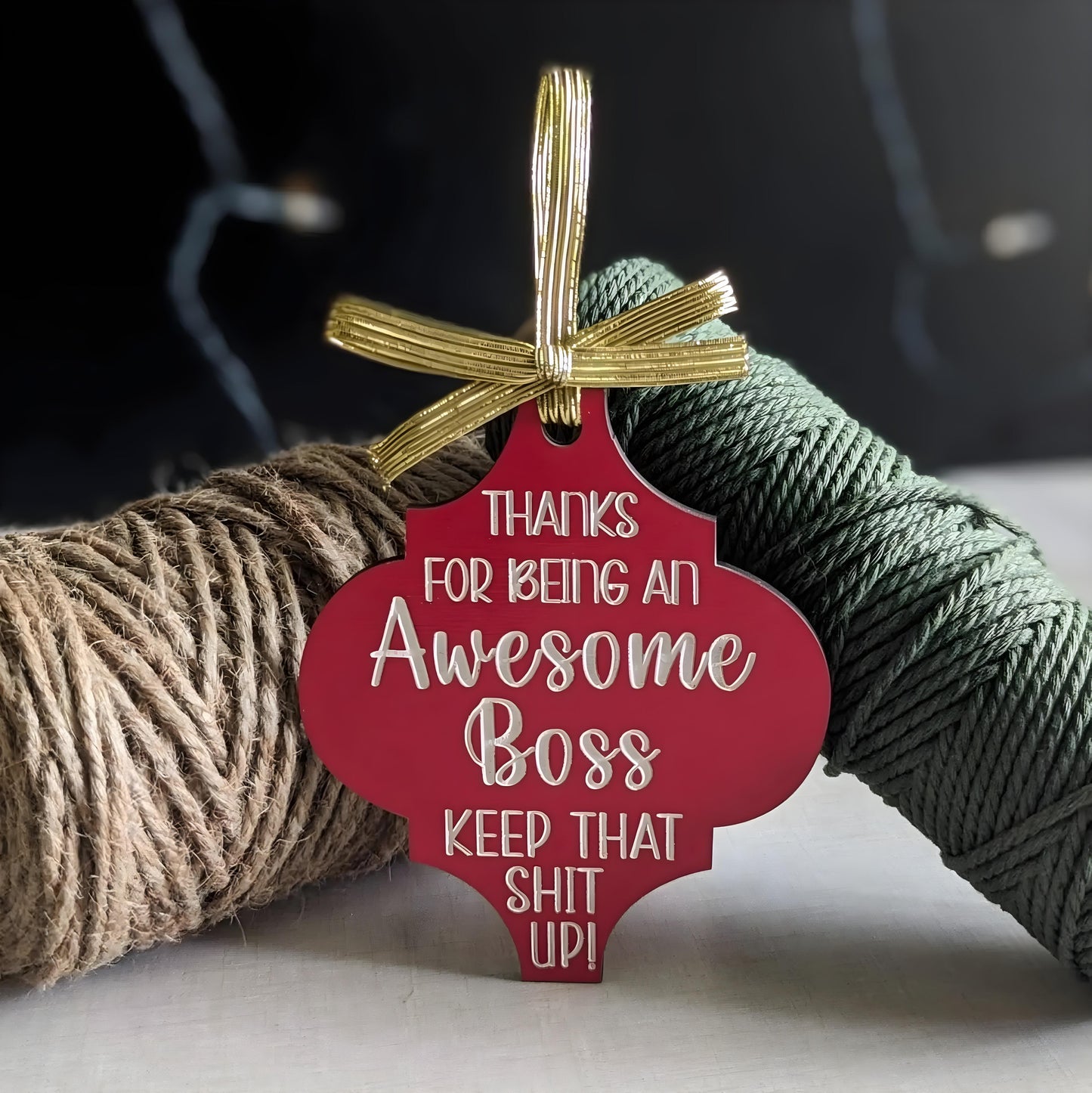 Funny Christmas wooden ornament with gold ribbon saying thanks for being an awesome boss