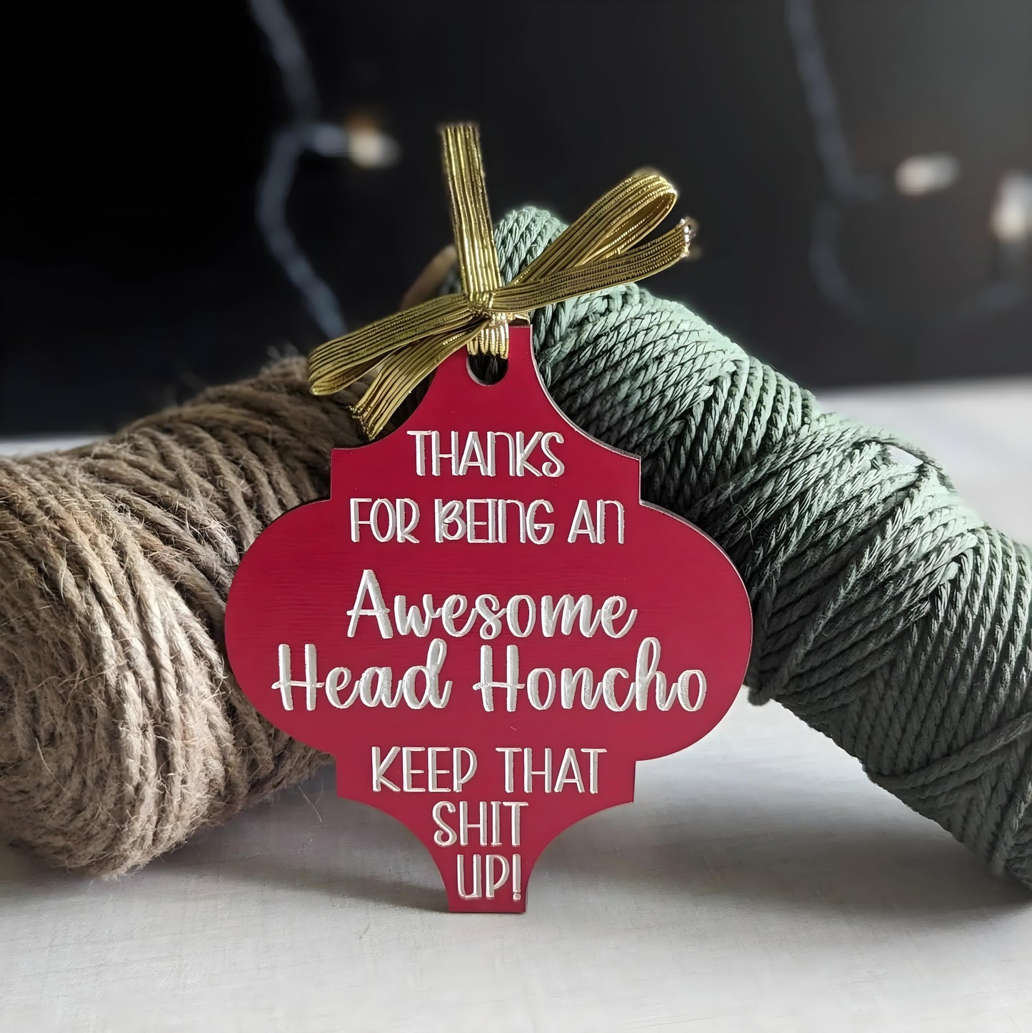 Funny Christmas wooden ornament with red finish and humorous text from 365Gifty with gold ribbon