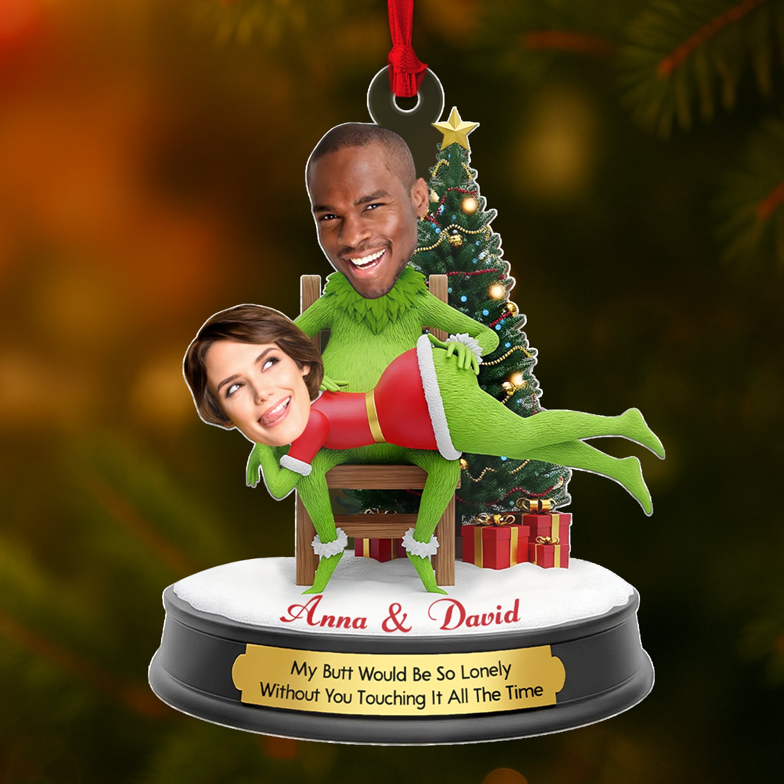 Funny couple Christmas ornament featuring a humorous design with personalized names Anna and David