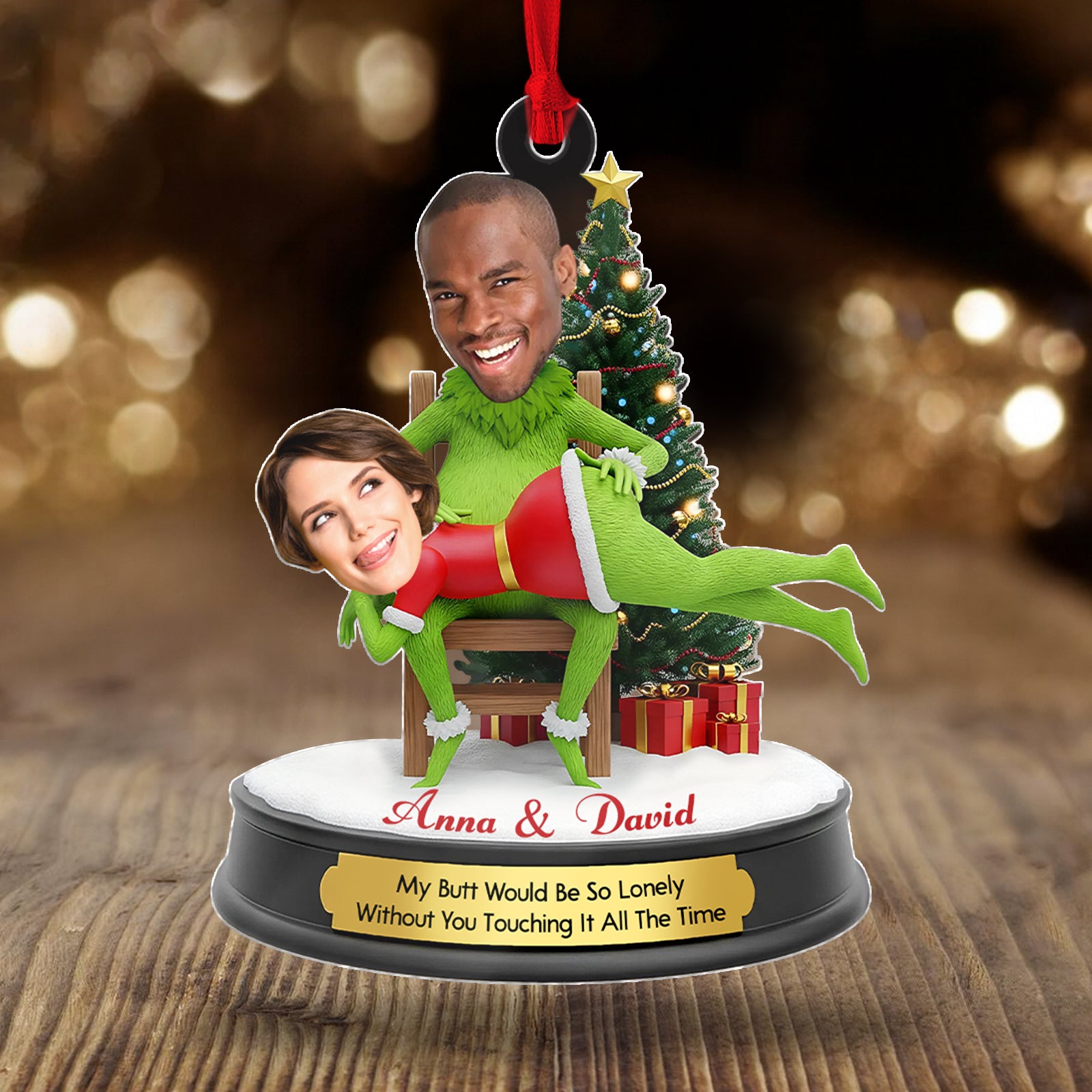 Funny couple Christmas ornament featuring a playful design with personalized names for holiday joy