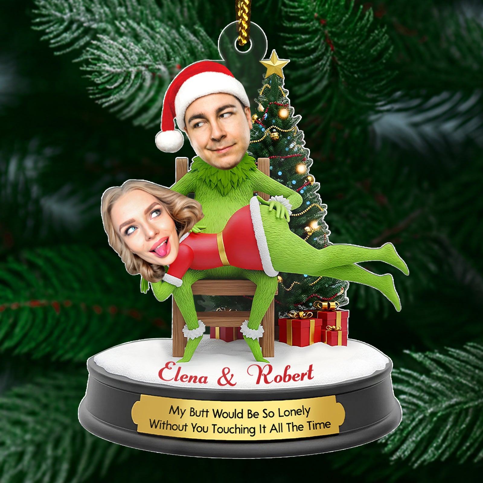 Funny couple Christmas ornament featuring a playful design with personalized names and funny text