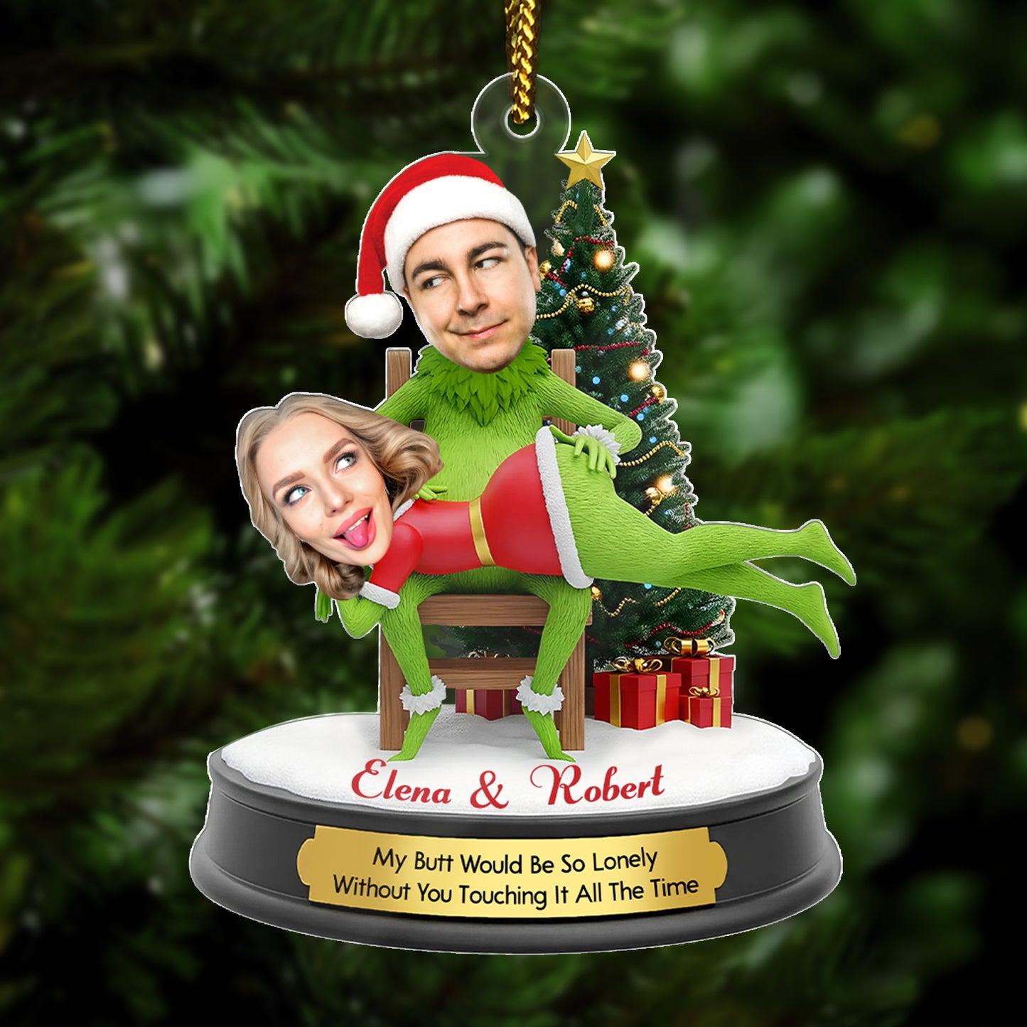 Funny couple Christmas ornament featuring personalized Elf and Santa-themed design for festive decor