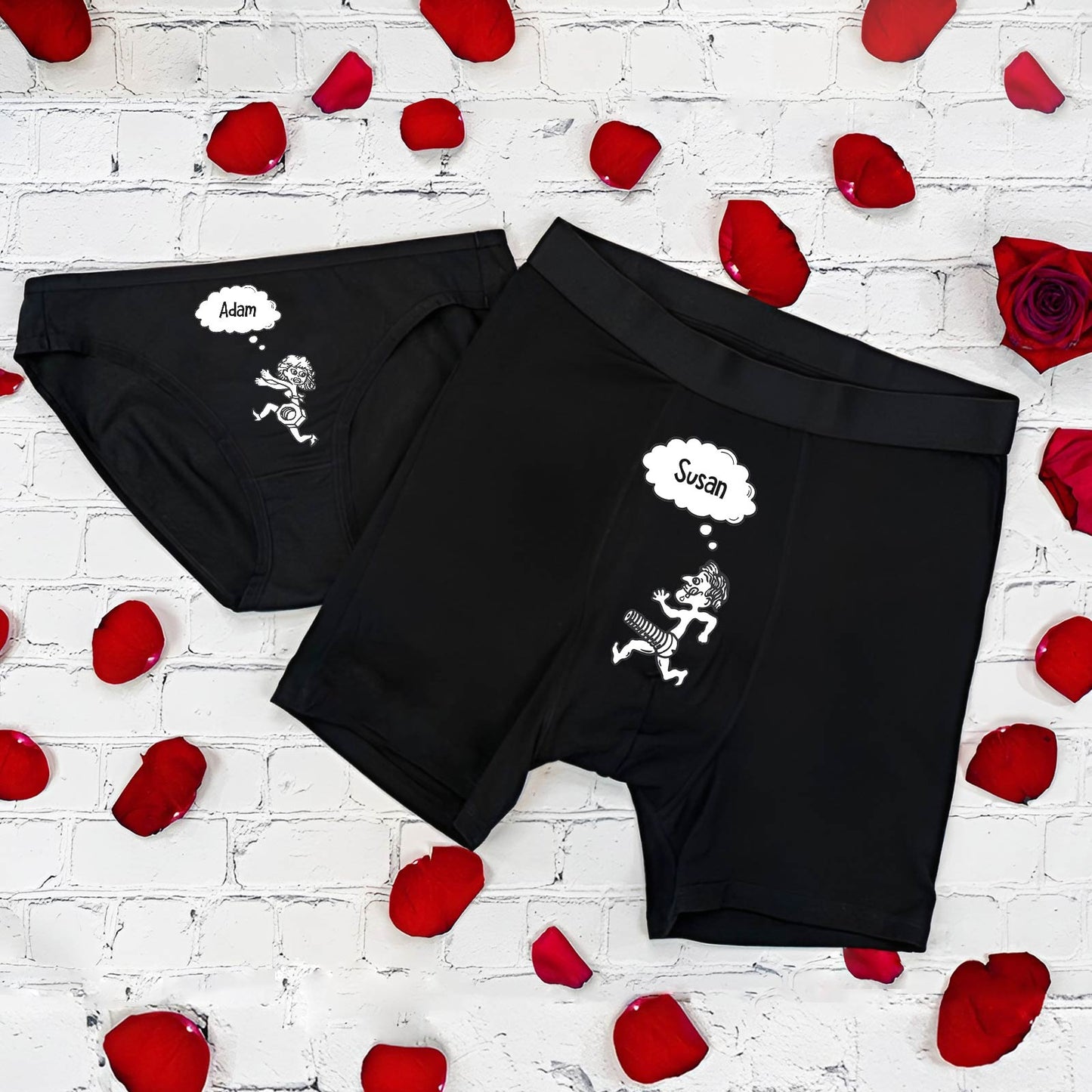 Funny couple underwear set featuring personalized designs for Adam and Susan in black with playful graphics