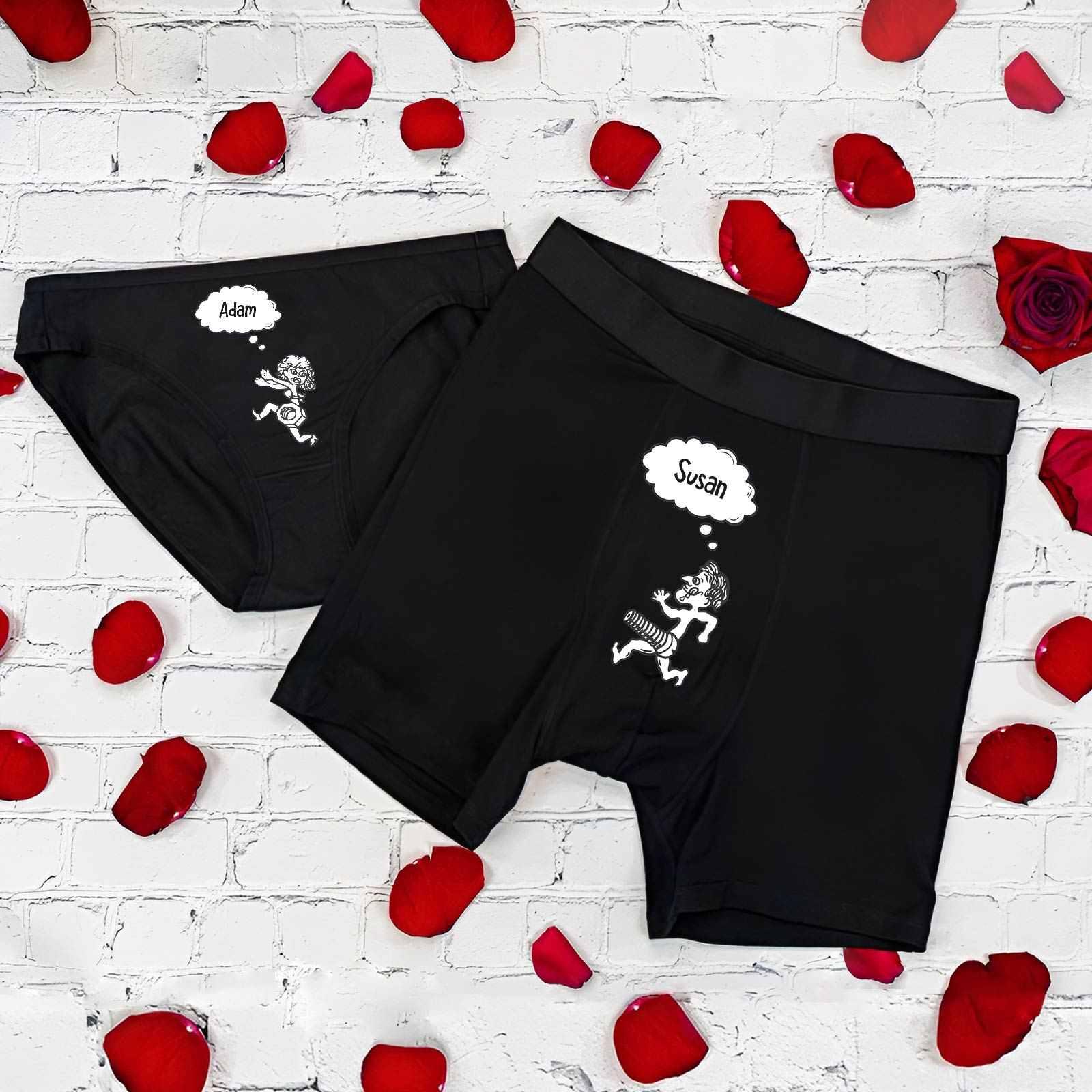 Funny couple underwear set featuring personalized designs for Adam and Susan in black with playful graphics