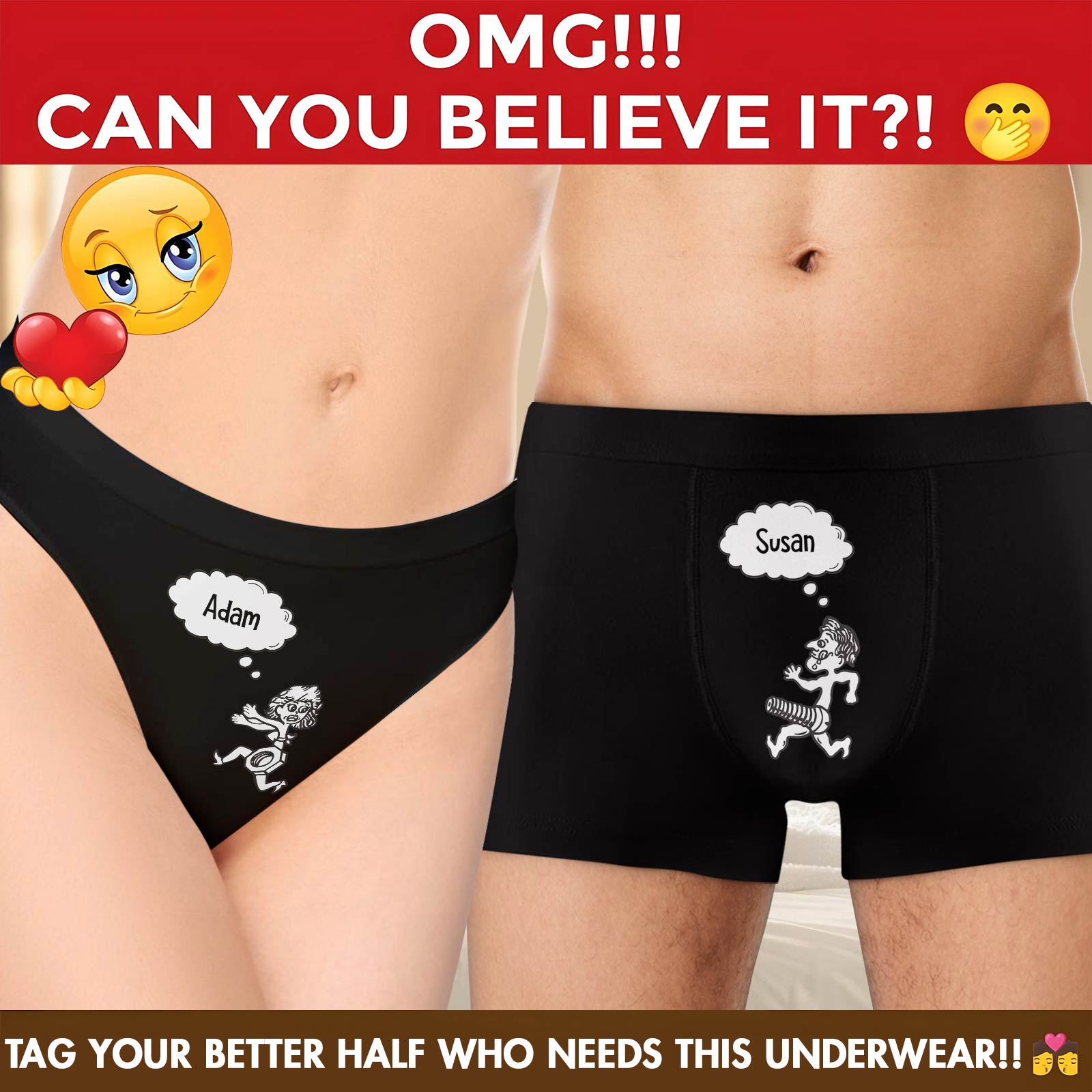 Funny couple underwear featuring playful designs with names Adam and Susan for couples' humor