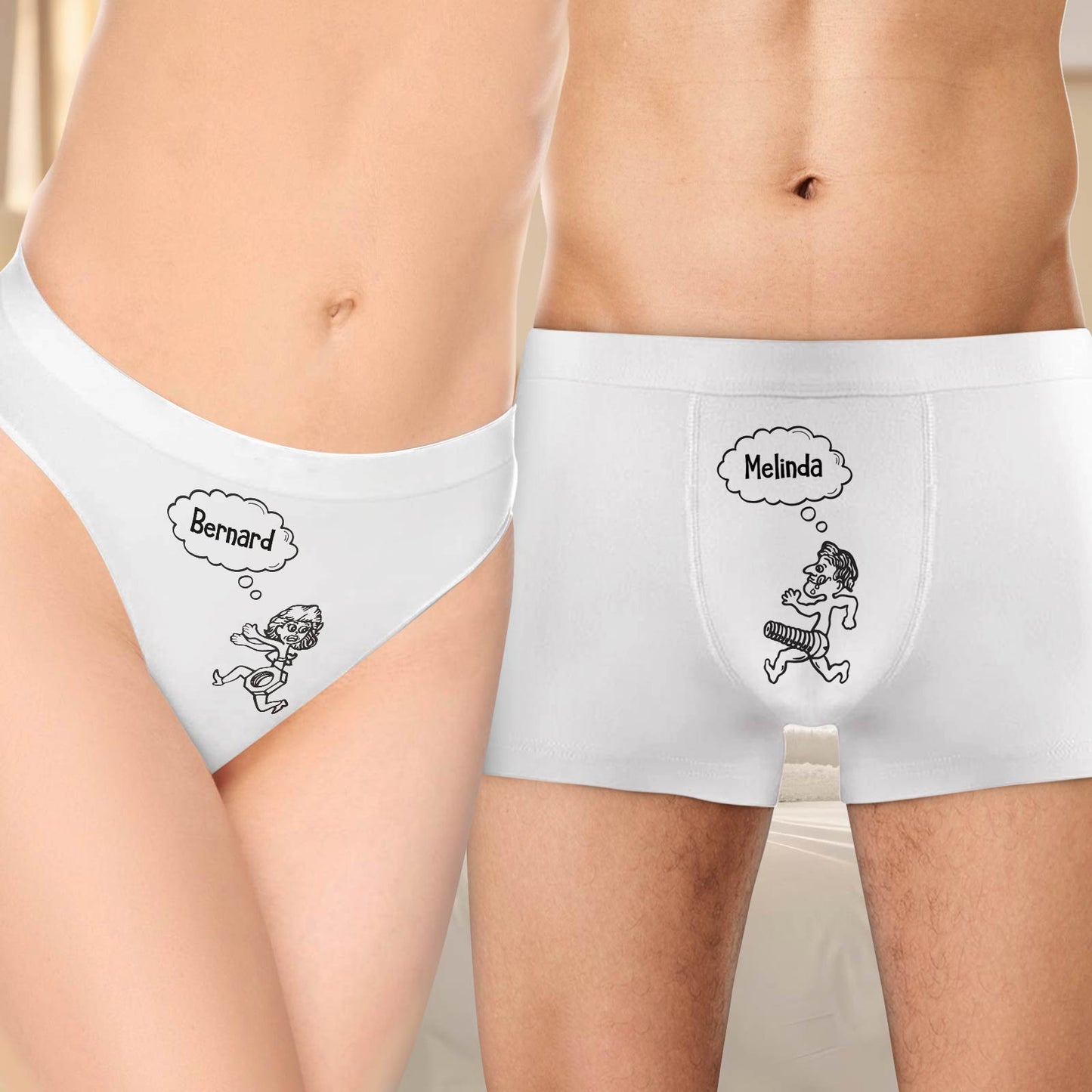 Funny couple underwear featuring cartoon characters with names Bernard and Melinda on the front and back
