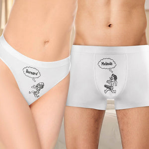 Funny couple underwear featuring cartoon characters with names Bernard and Melinda on the front and back