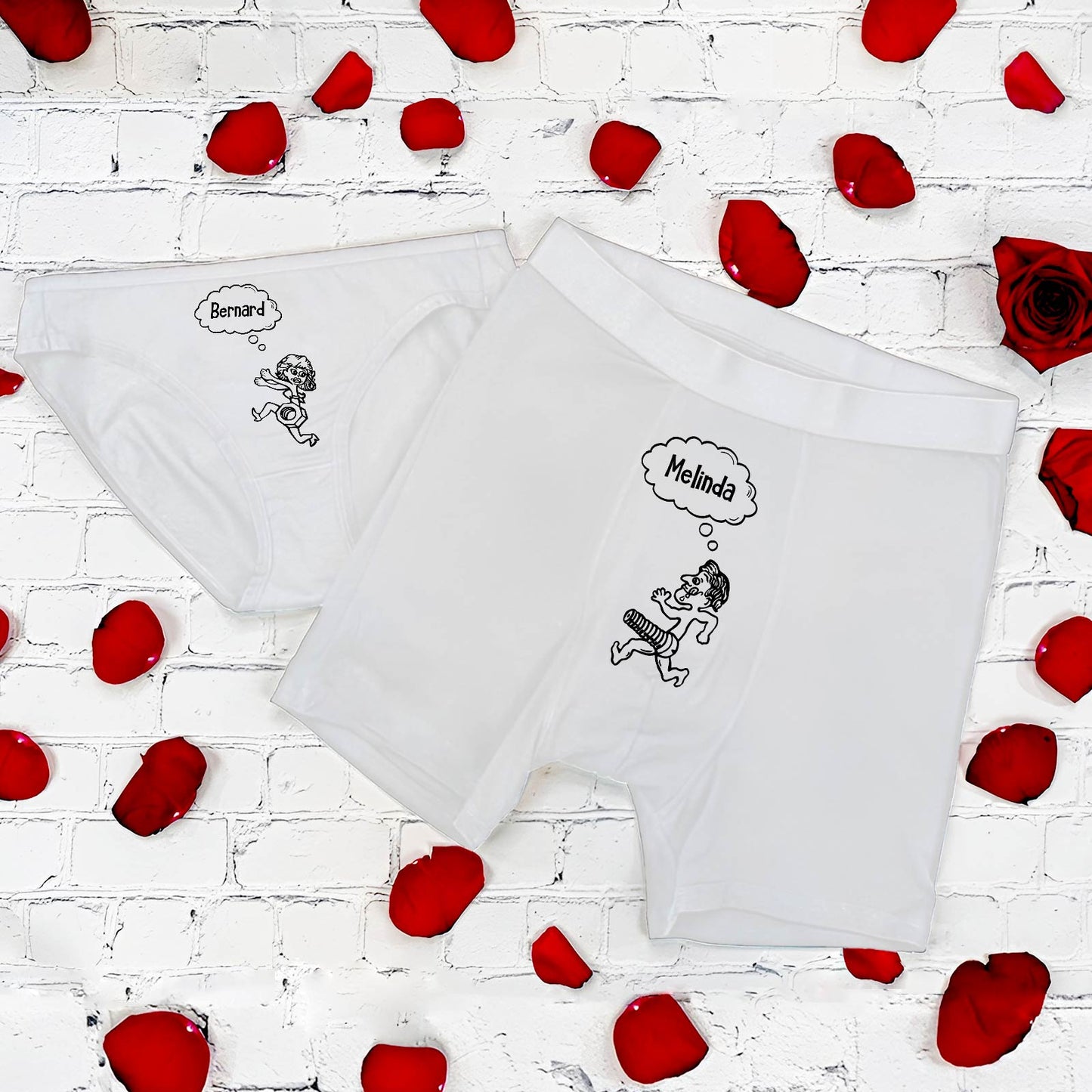Funny couple underwear featuring Bernard and Melinda designs with playful cartoon characters
