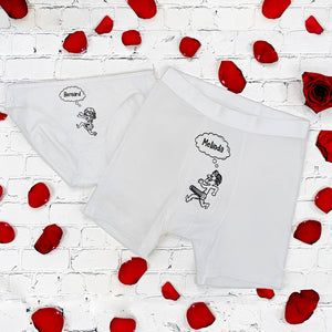 Funny couple underwear featuring Bernard and Melinda designs with playful cartoon characters