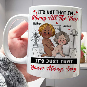 Funny couples coffee mug with playful text and cute cartoon characters for couples' coffee enjoyment