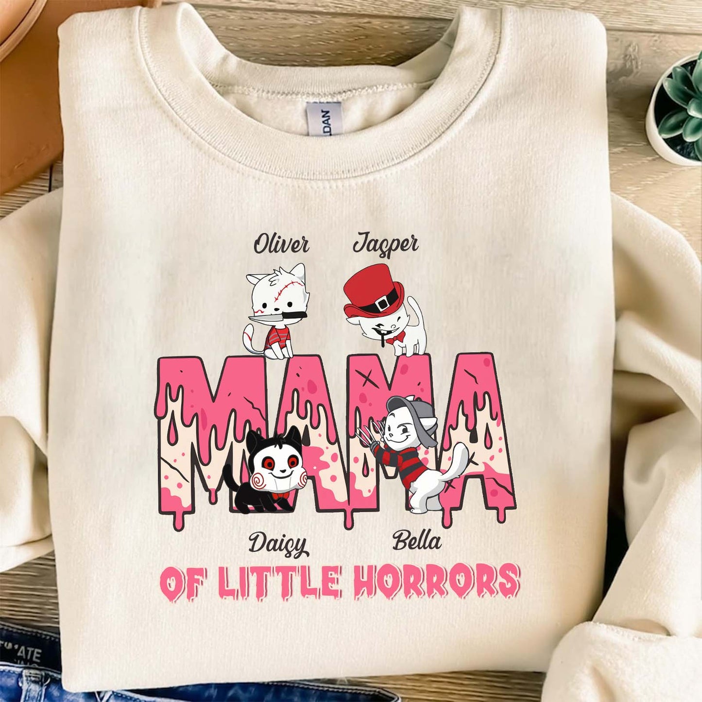 Funny Halloween cat mom shirt with cute cartoon cats and dripping pink MAMA text