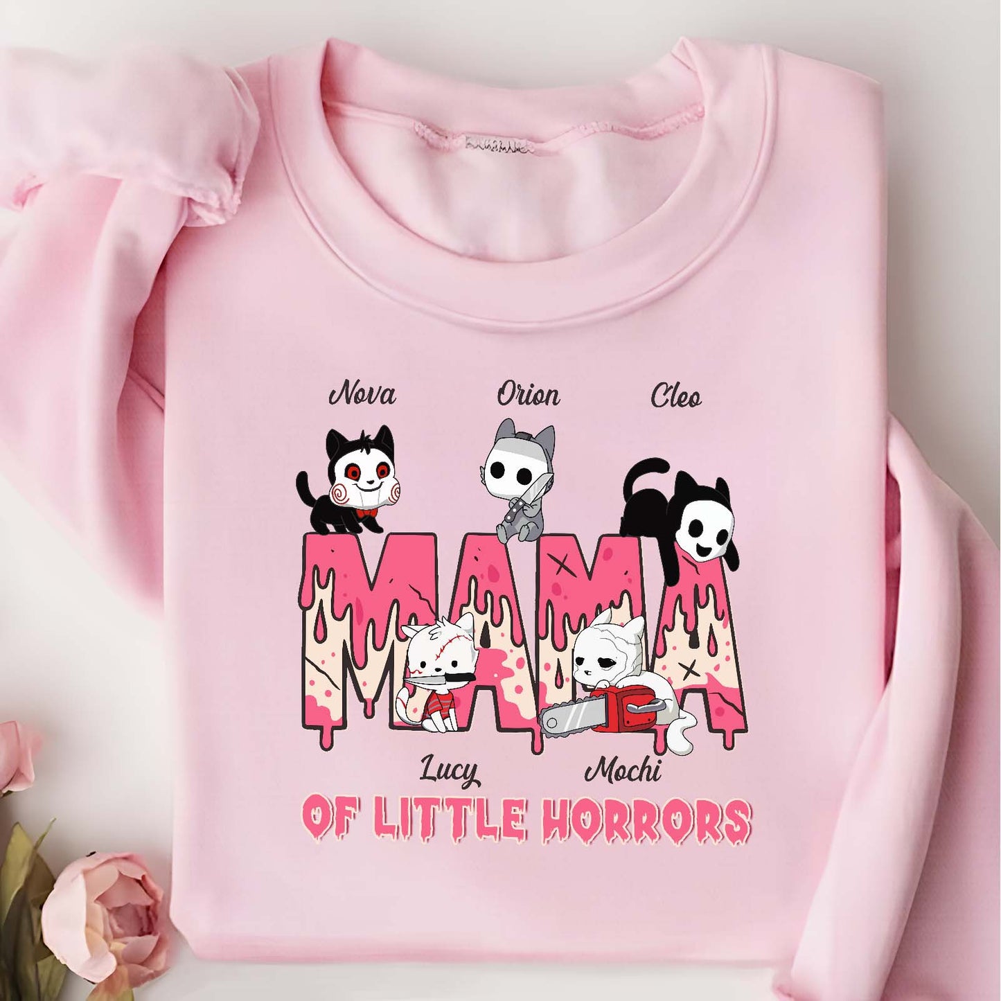 Pink funny Halloween cat mom shirt with cute cartoon cats and horror theme design