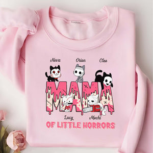 Pink funny Halloween cat mom shirt with cute cartoon cats and horror theme design