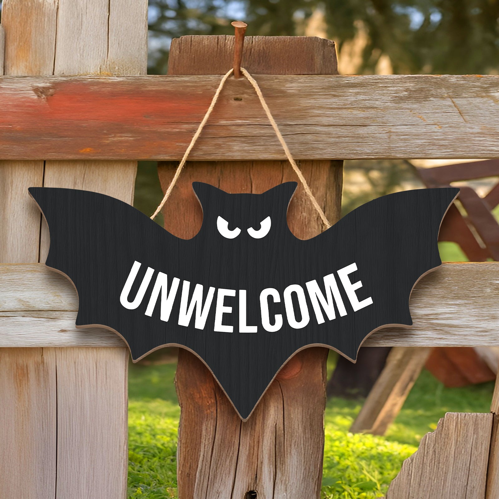 Funny Halloween door sign in bat shape with the word 'UNWELCOME' for spooky decorations