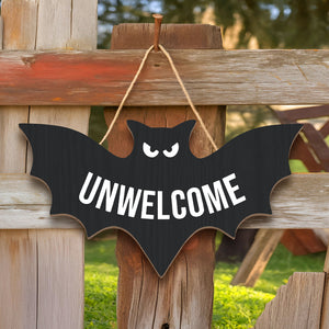 Funny Halloween door sign in bat shape with the word 'UNWELCOME' for spooky decorations