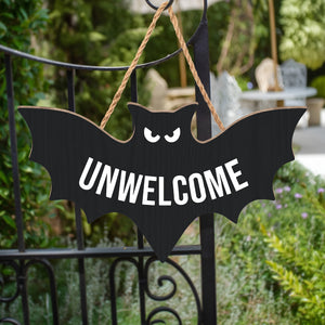 Funny Halloween door sign featuring a bat with the word UNWELCOME for a spooky decoration