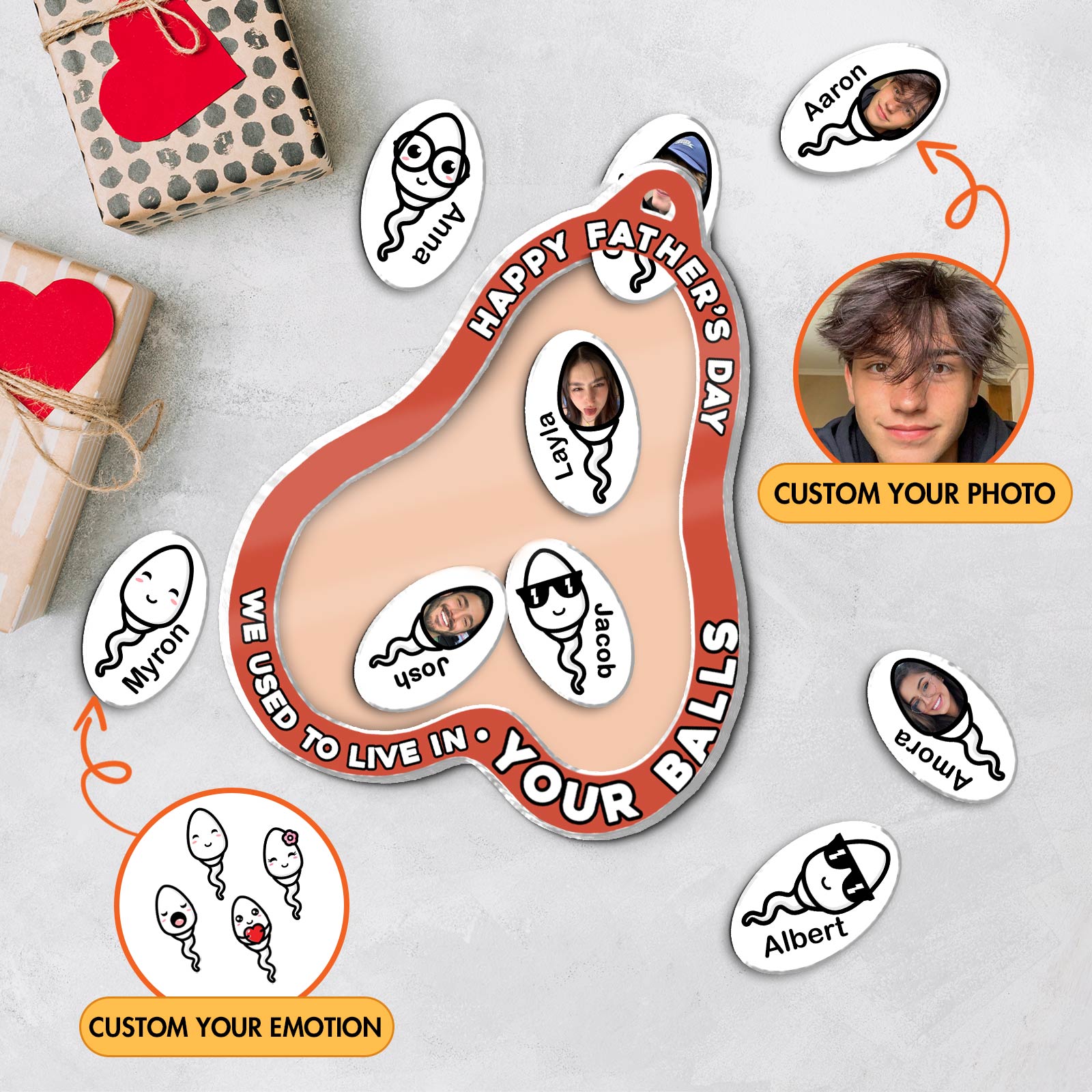 Funny personalized dad keychain with customizable names and photos for Father's Day gifts