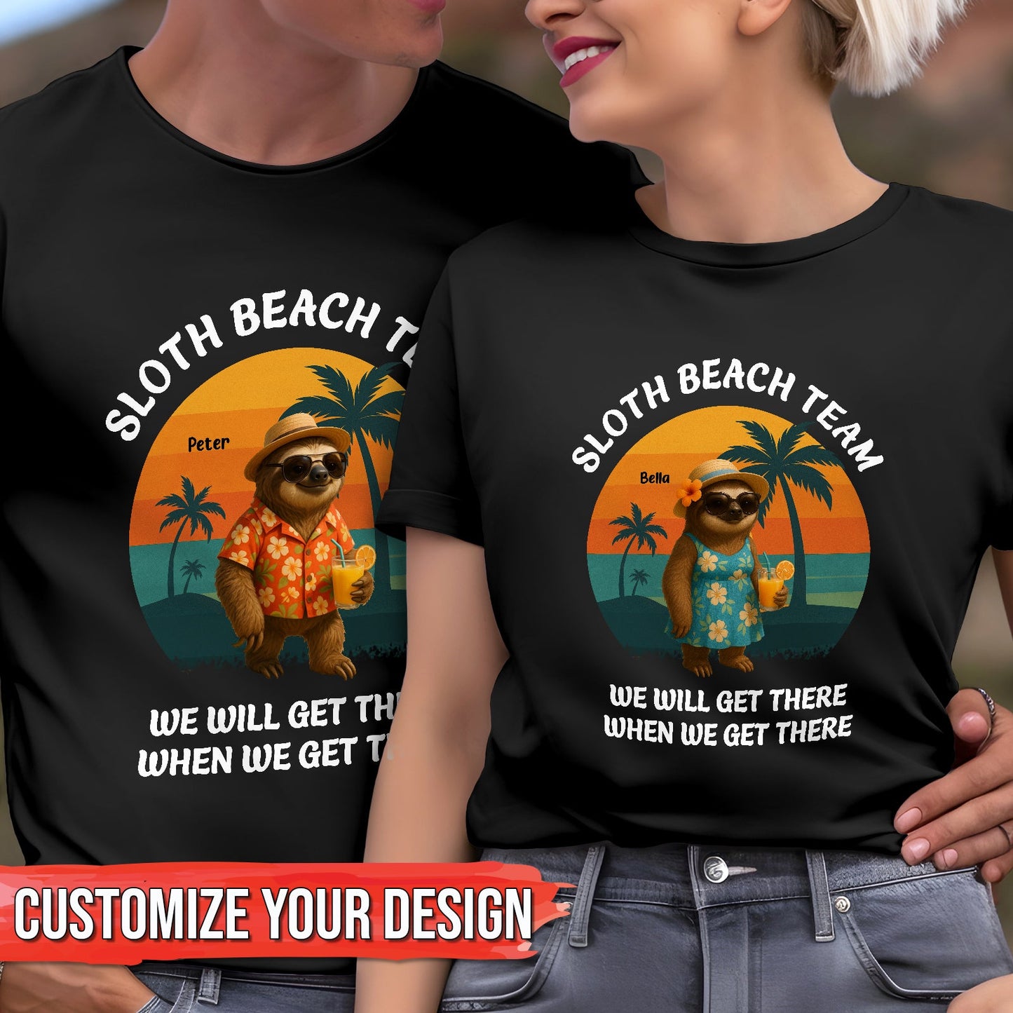 Couple wearing funny sloth beach shirt gift with sloth in Hawaiian shirt and sunset background
