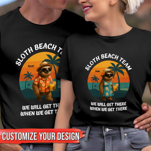 Couple wearing funny sloth beach shirt gift with sloth in Hawaiian shirt and sunset background