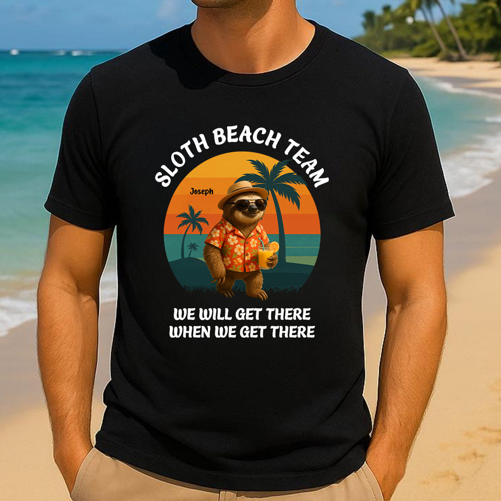 Funny sloth beach shirt gift with sloth in sunglasses and Hawaiian shirt standing by palm trees