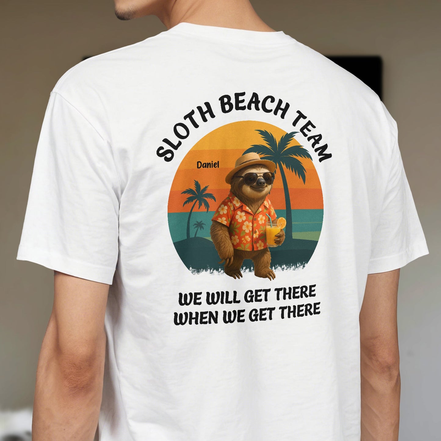 Funny sloth beach shirt gift with cartoon sloth in sunglasses and Hawaiian shirt holding a drink