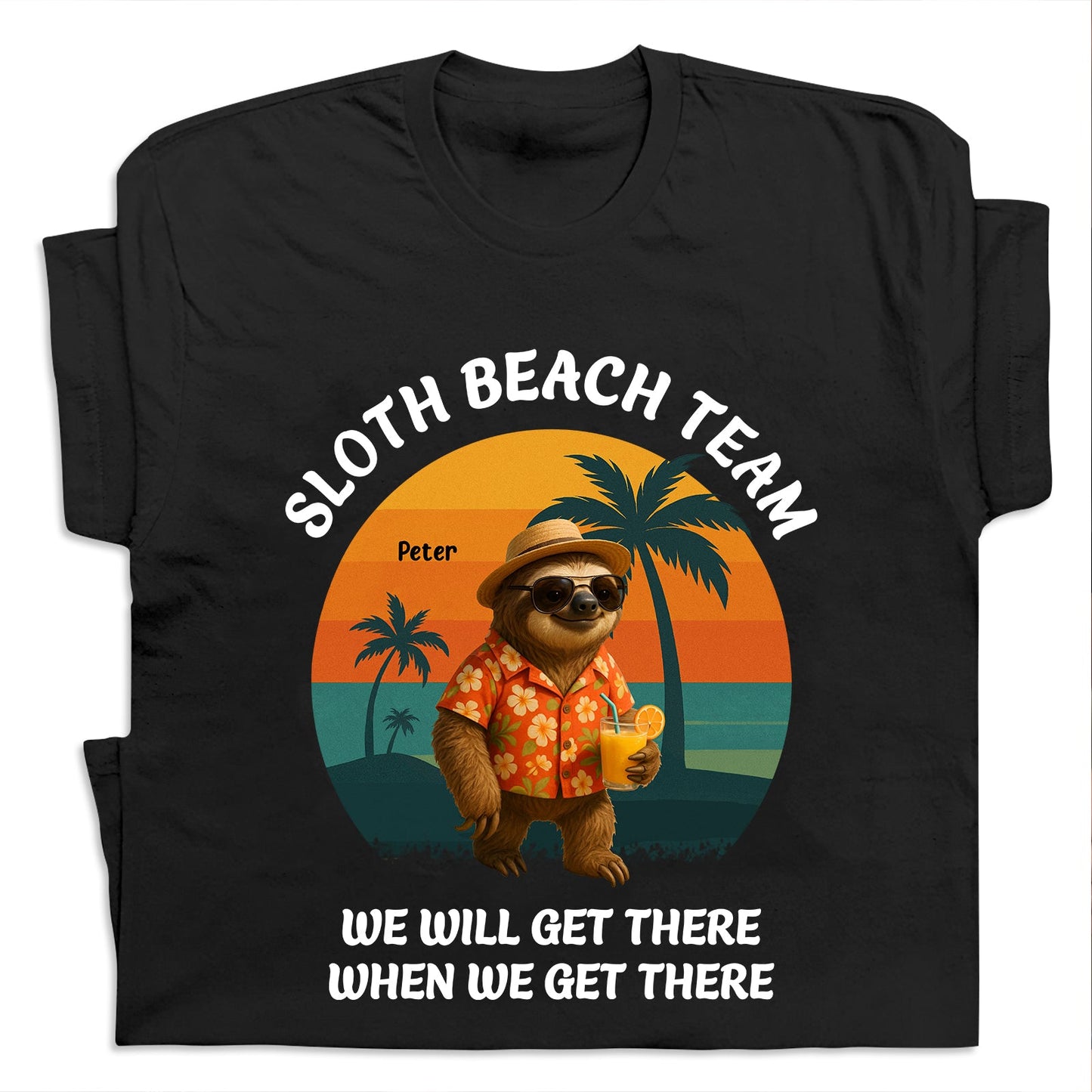 Black funny sloth beach shirt gift with sloth in sunglasses and Hawaiian shirt holding a drink