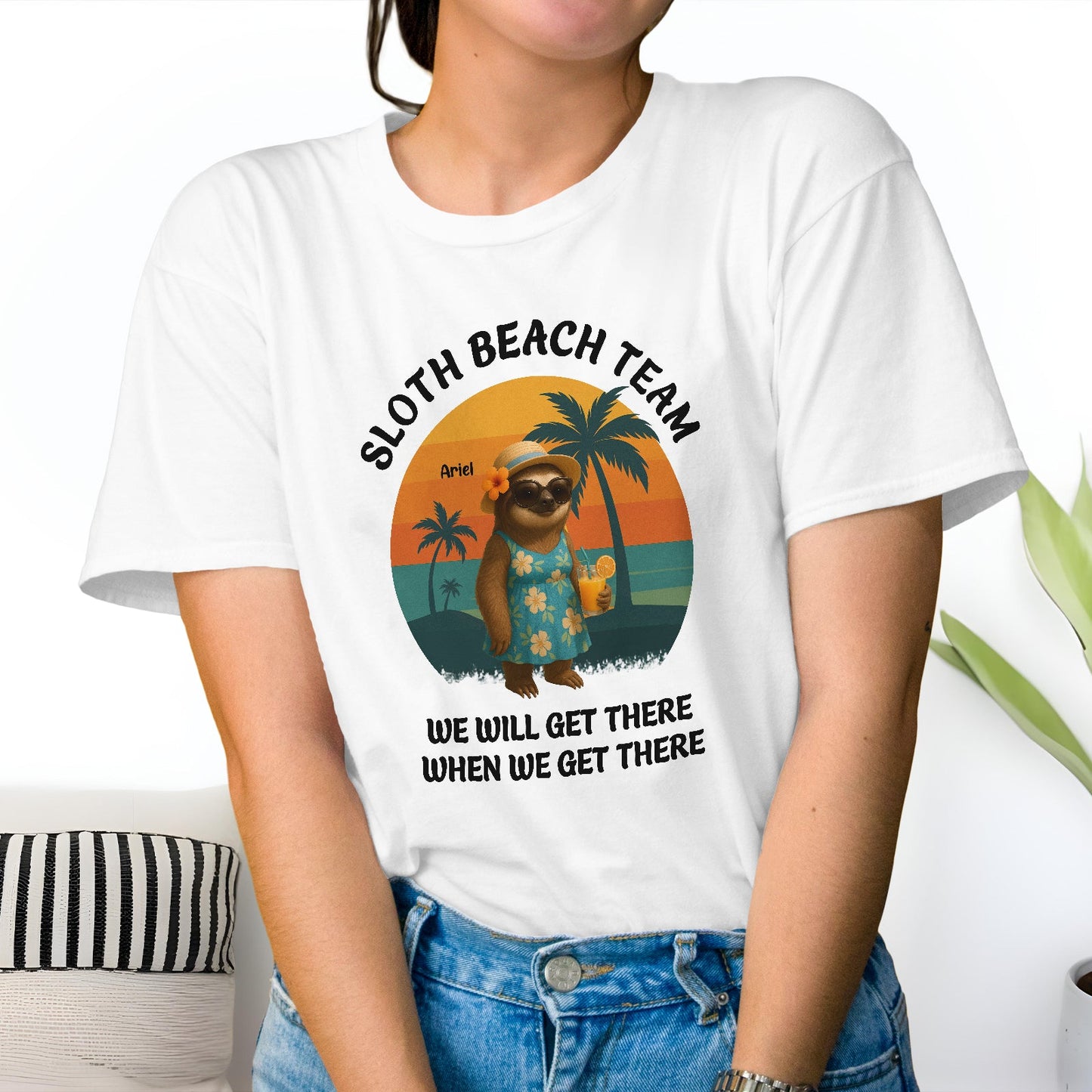 White funny sloth beach shirt gift with sloth in Hawaiian outfit and tropical palm trees