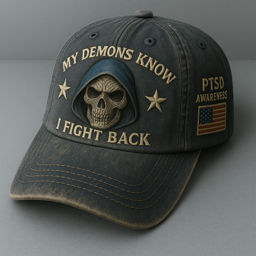 I Fight Back PTSD cap with skull design and PTSD awareness patch from 365Gifty