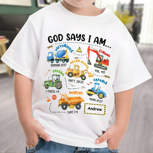 God says I am custom t-shirt for kids with colorful construction vehicle designs and positive Bible verses
