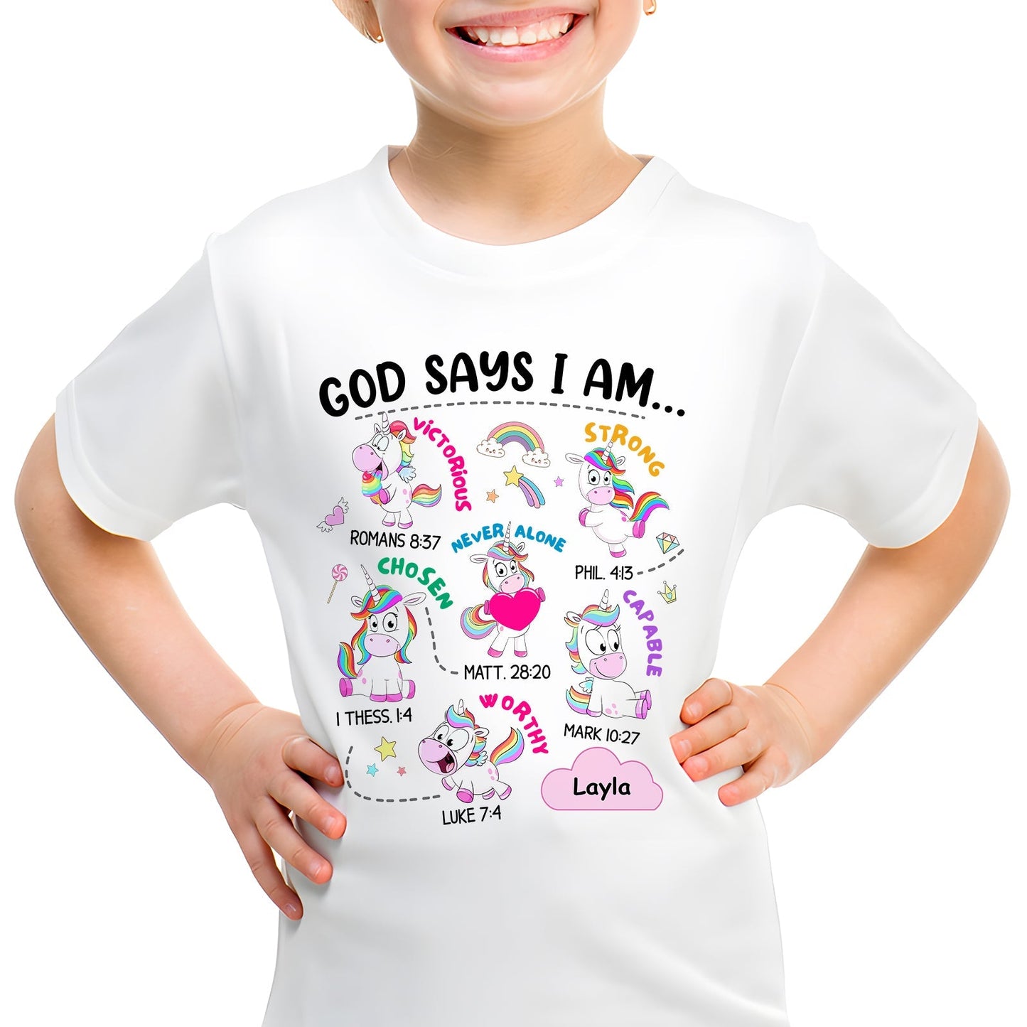 God says I am custom t-shirt with colorful unicorns and positive Bible verses for kids