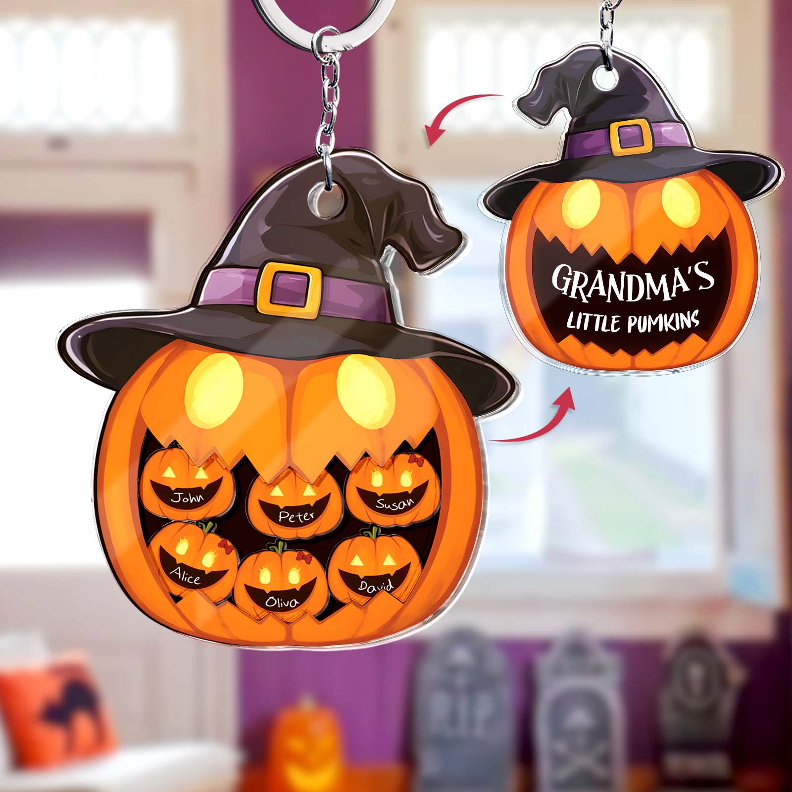 365Gifty Halloween shaking pumpkin keychain with witch hat and personalized family names on front