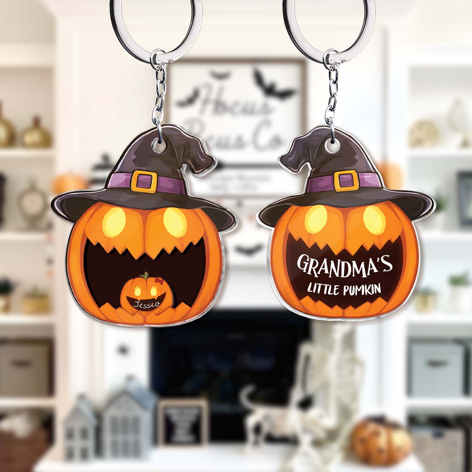Halloween shaking pumpkin keychain with witch hat design and Halloween themed text by 365Gifty