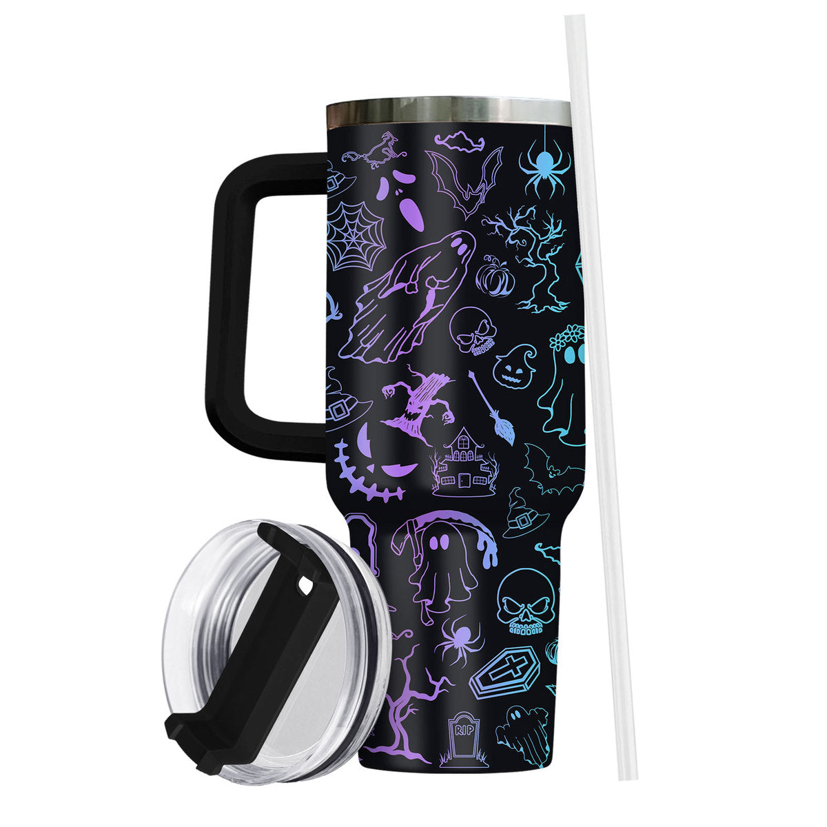 365Gifty Halloween tumbler with handle featuring spooky ghosts and bats design with lid and straw