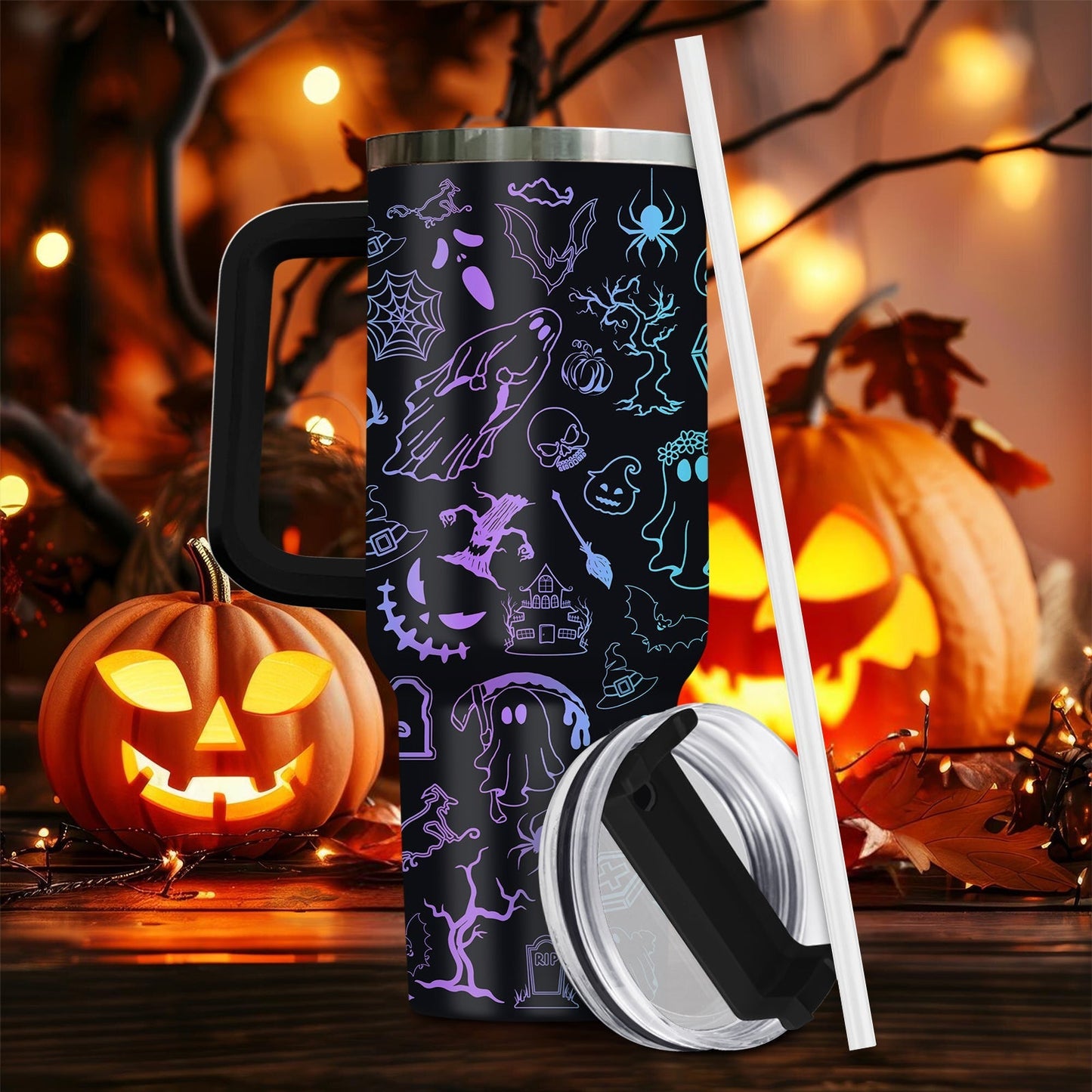 365Gifty halloween tumbler with handle featuring spooky ghost and spider designs with lid and straw