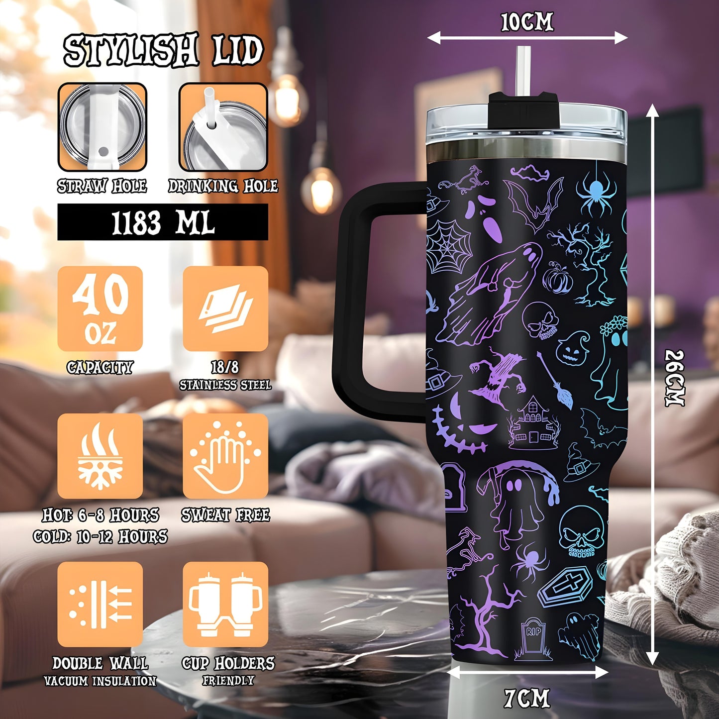 365Gifty halloween tumbler with handle featuring black design with purple and blue spooky Halloween icons