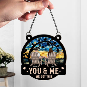 Personalized couple suncatcher ornament with holding hands design and names Andrew and Layla